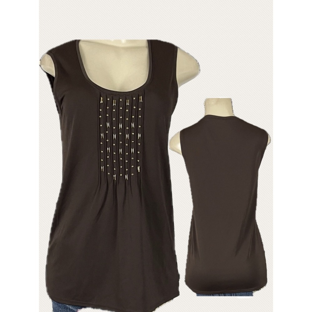 Jones New York S Brown Sleeveless Studded Pleated Front Scoop Neckline Tank Top